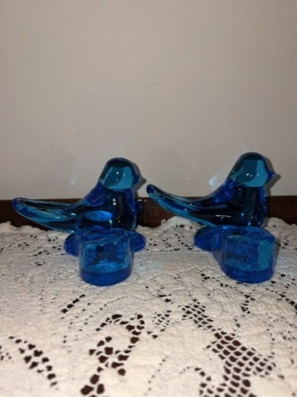 Pair of VTG Blue Bird of Happiness Art Glass Taper Candle Holders Ron Ray 1988